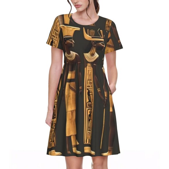 Vsdgher Ancient Egyptian Hieroglyph for Womens Summer 2025 Casual Midi Maxi Dresses Lightweight Short Sleeve Round Neck Beach Dress