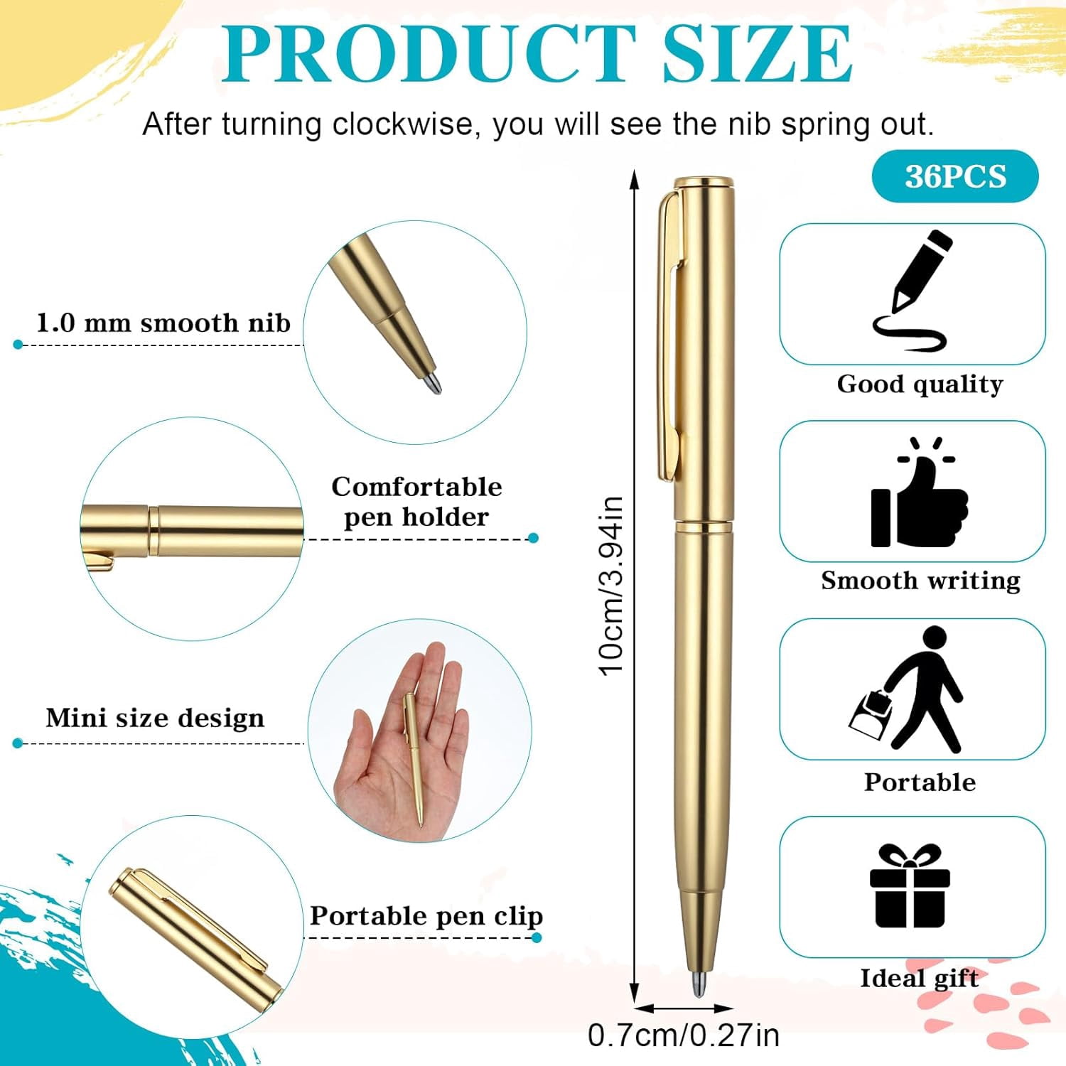 Telooco 36 Pcs Gold Pens for Writing, Mini Rotating Ballpoint Pen, 4" Guest Book Pens Gold Gel Pen for Weddings, Parties, Business Offices, Schools, Hospitals,