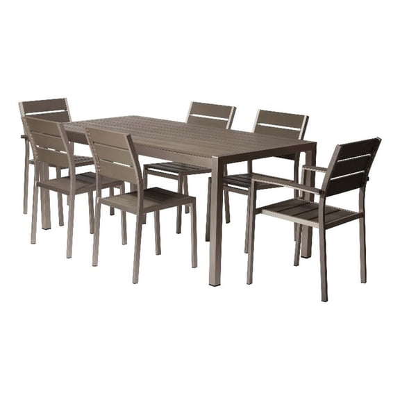 Benjara Cora 7 Piece Outdoor Dining Table- Chairs Set- Gray- Plank Seats & Backs