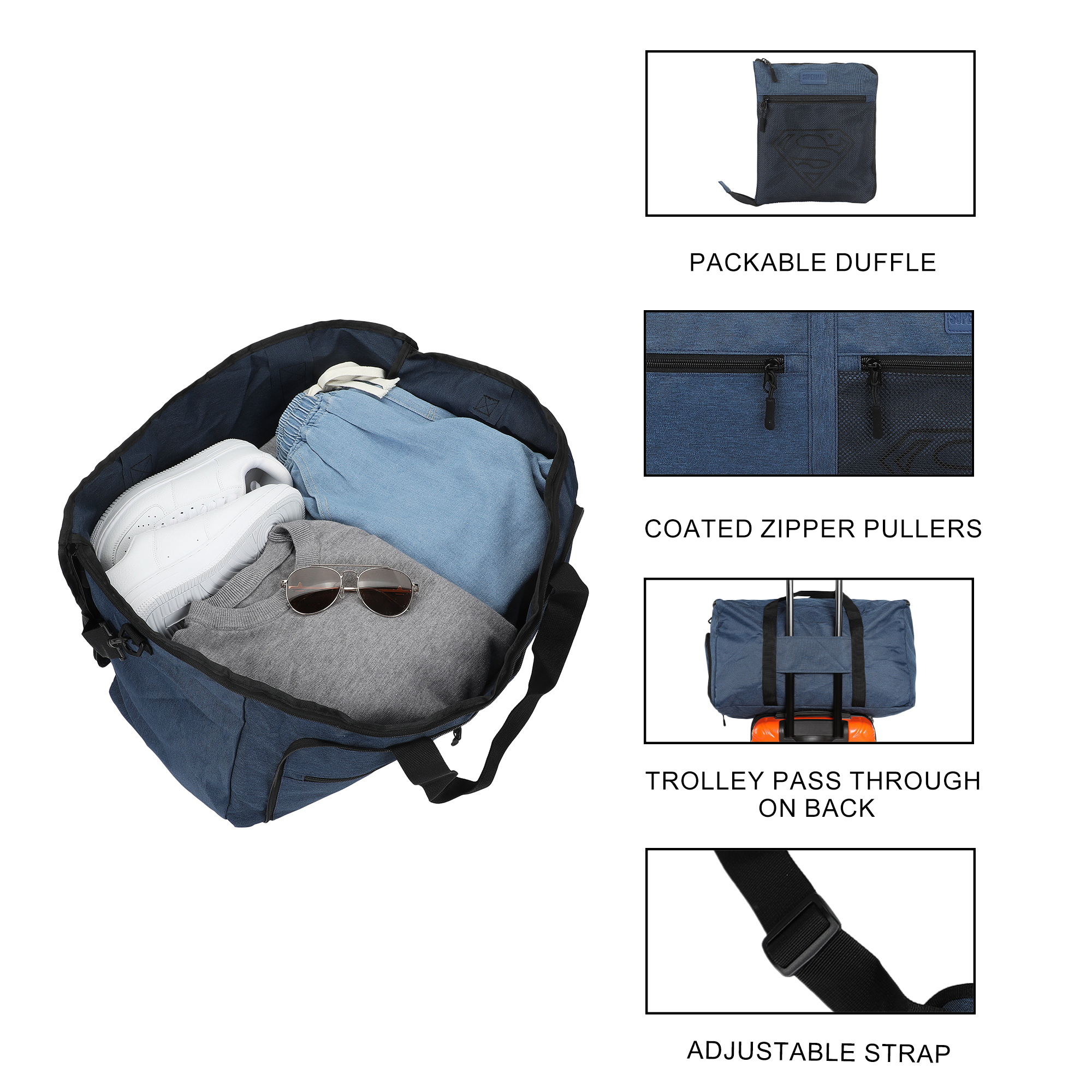 Superman Logo Blue 24" Packable Travel Duffle Bag with Shoe Compartment, Removable Shoulder Strap & Front Storage Pockets