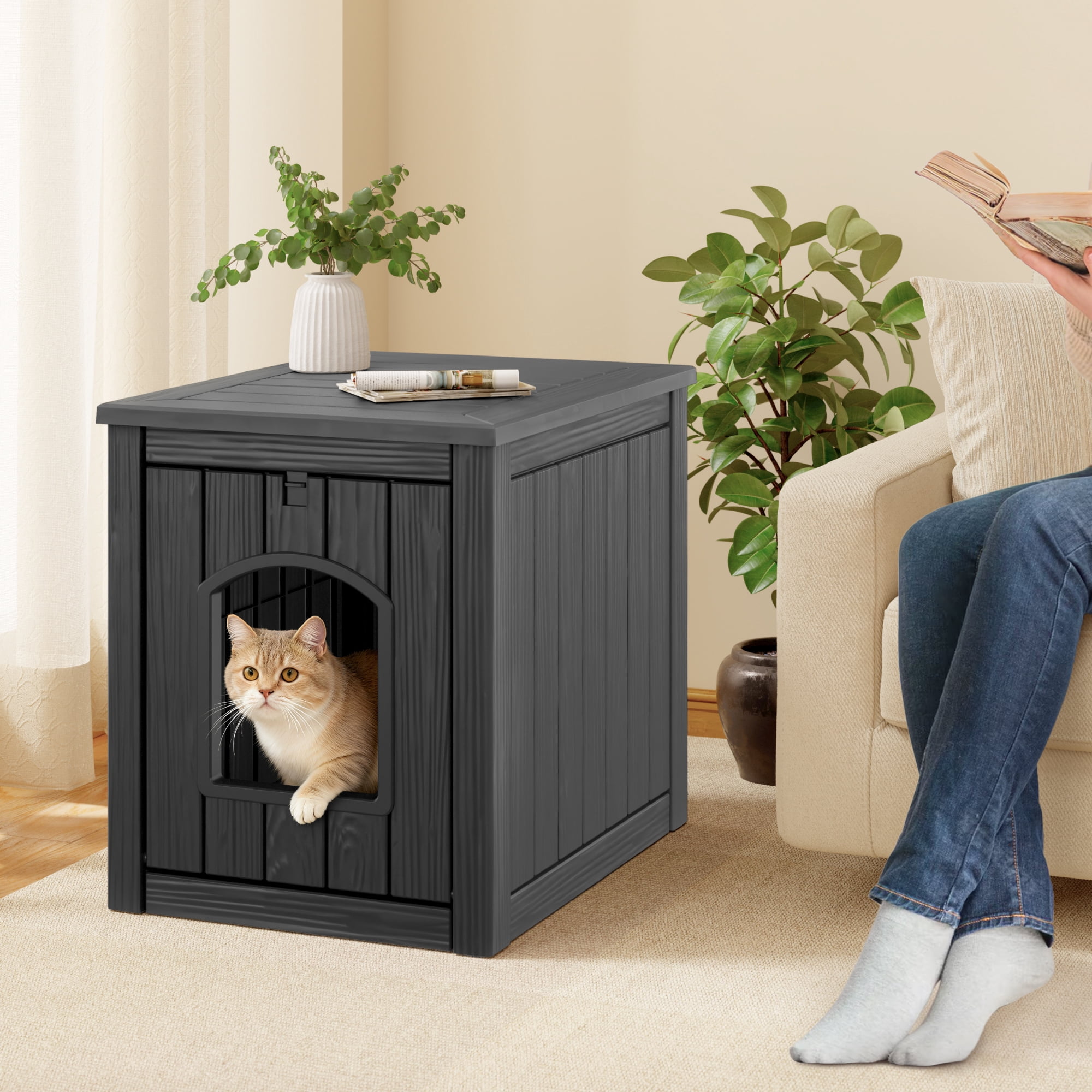 LHBcraft Outdoor Cat House, Weatherproof PP Cat Shelter for Feral & Stray Cats, Durable All-Season Pet House for Garden & Patio ,Black