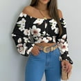 thumbnail image 1 of DPTALR Woman's Strapless Long Sleeve Print Off Shoulder Ruched Lantern Sleeve Crop Tops, 1 of 9