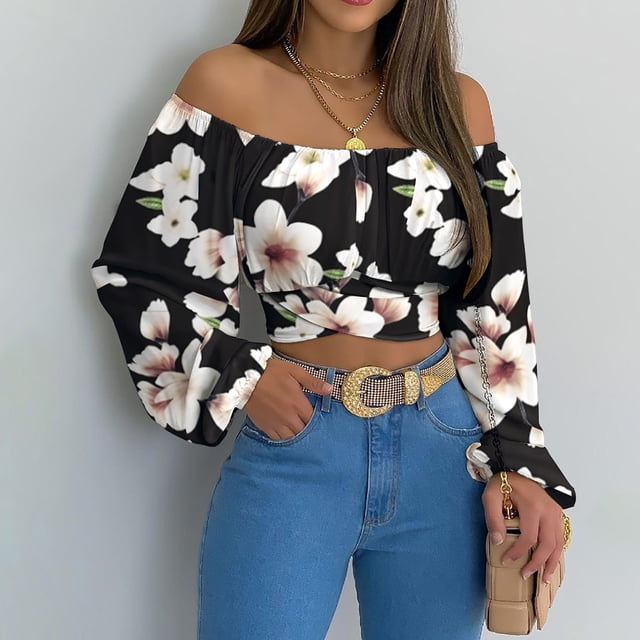 DPTALR Woman's Strapless Long Sleeve Print Off Shoulder Ruched Lantern Sleeve Crop Tops