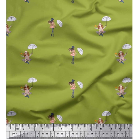 Soimoi Green Poly Georgette Fabric Women & Umbrella Fashion Print Fabric by the Yard 42 Inch Wide