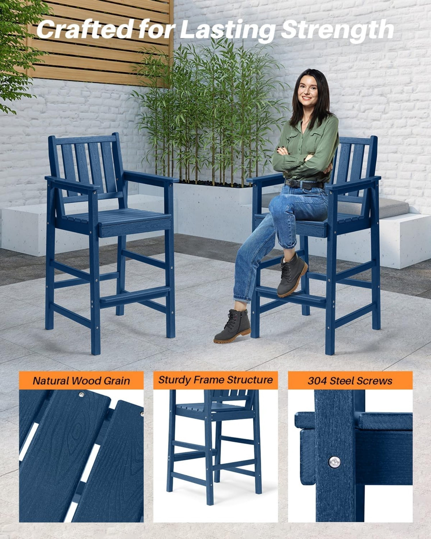 Adirondack Bar Chair Set of 2, HDPE Outdoor Bar Stools with Footrest, All Weather Adirondack Bar Height Chairs for Patio, Balcony, Porch, Deck, Poolside, Navy