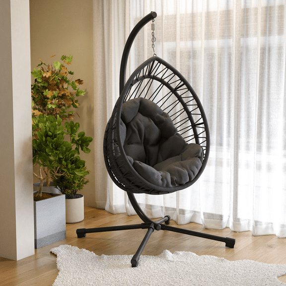 Lisonu Outdoor Hanging Egg Chair with Stand, Ergonomic Patio Swing Chair, Woven Rope & Heavy-Duty Metal Frame, Indoor/Outdoor Rocking Chair with Cushions, Dark Gray