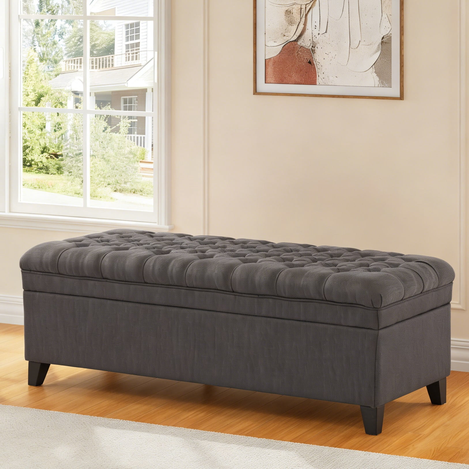 Gewnee 49.41" Flip Top Storage Bench Linen Upholstered Entryway Bedroom Living Room Dark Grey