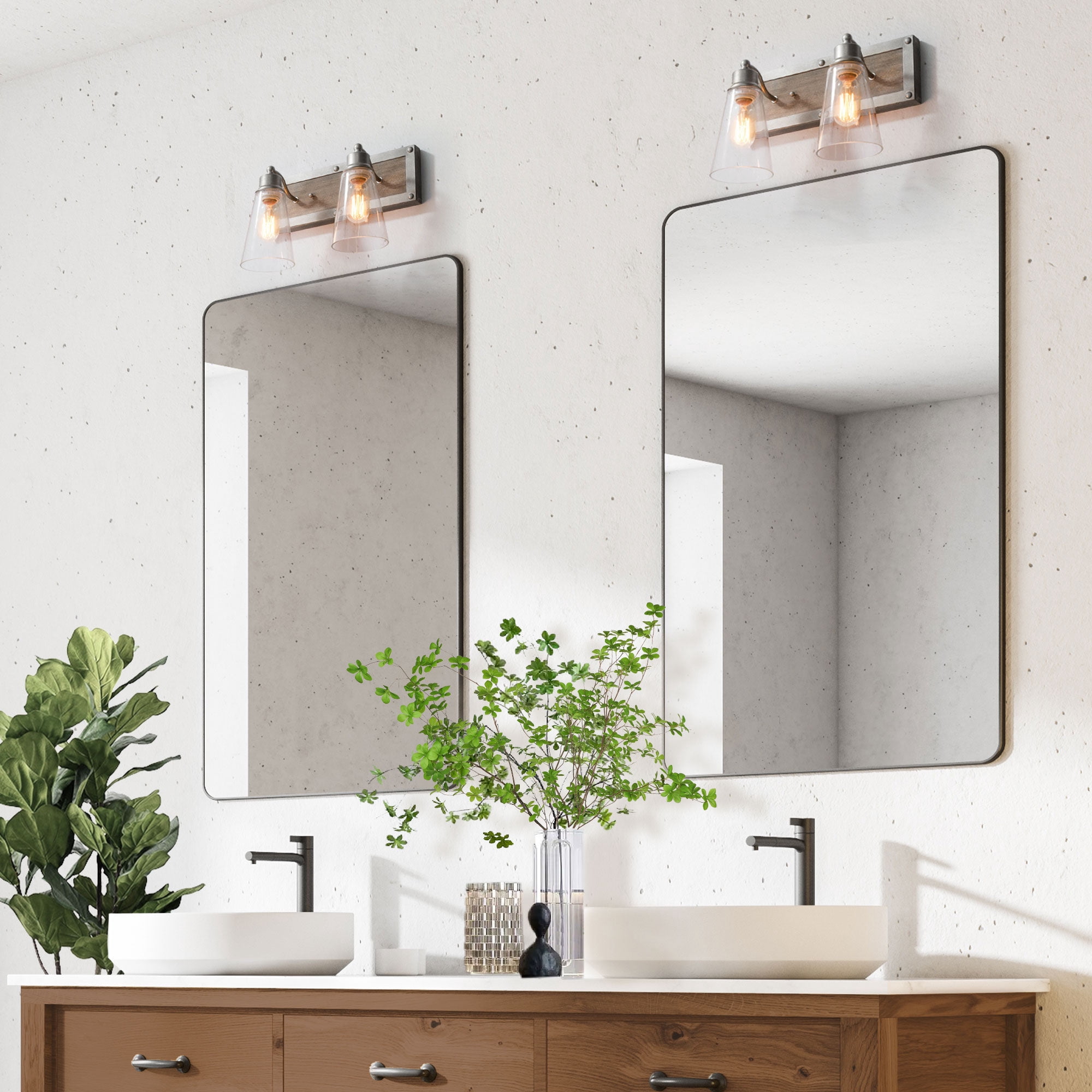 LNC Sabrina 14-in Antique Silver and Distressed Wood Bathroom Vanity Light, Farmhouse, 2-Light