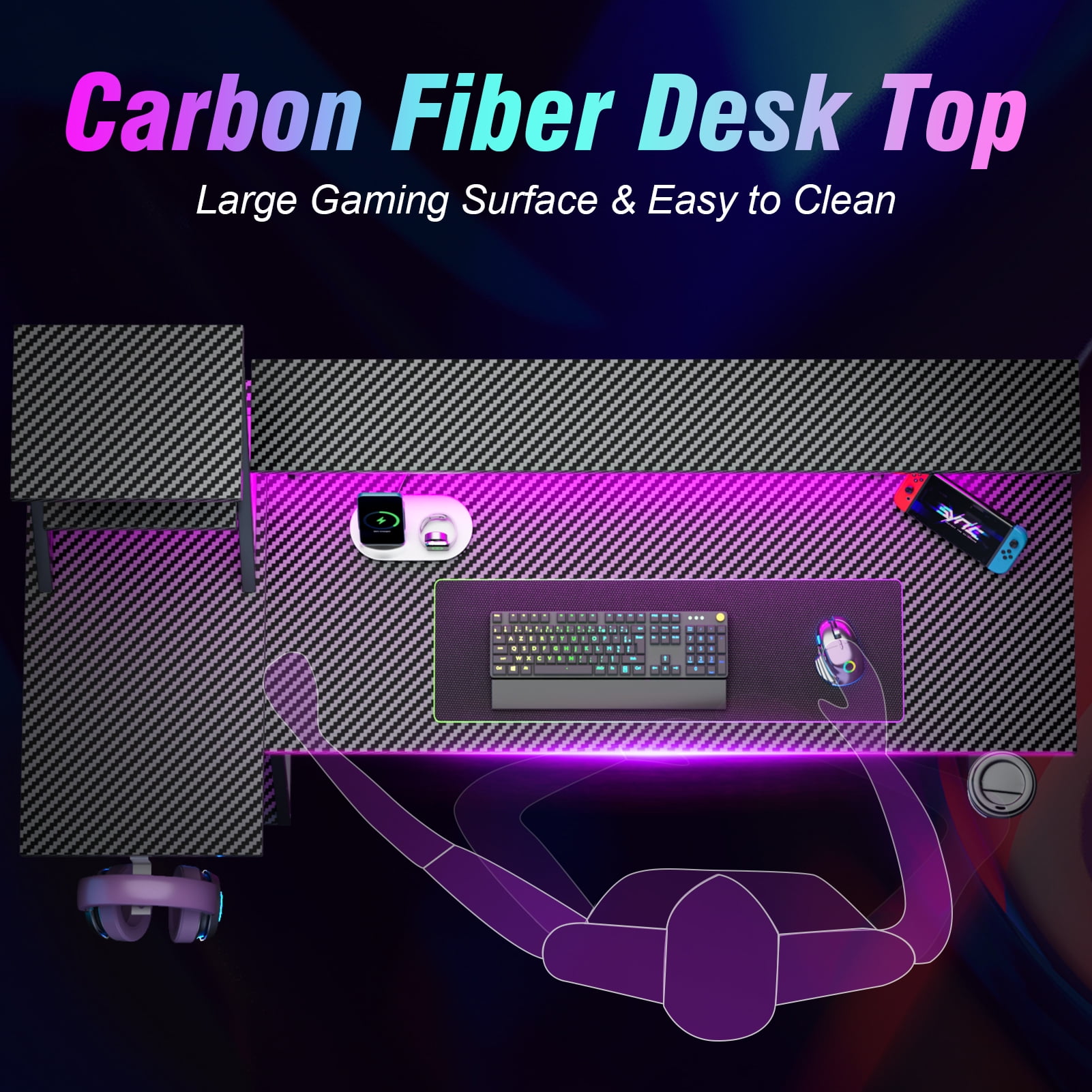Satifur 55" Carbon Fiber Gaming Desk L-Shaped Computer Desk, RGB Lights & Power Outlets, Black