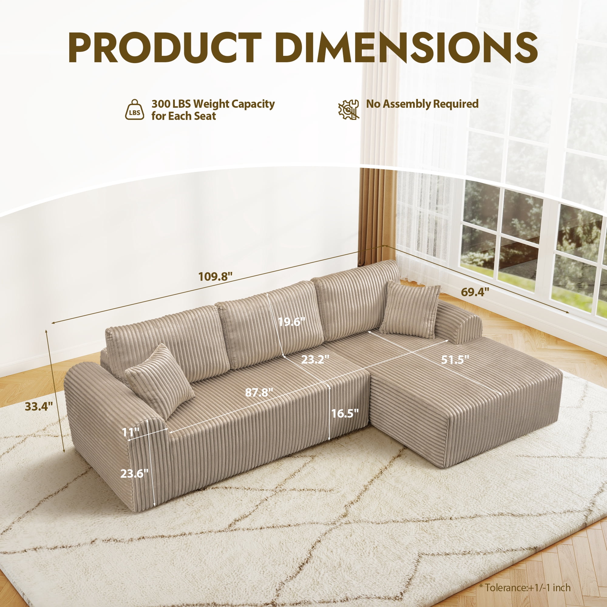 Aukfa 109" Modular Cloud Sectional Sofa with L-Shape Chaise, Corduroy Upholstered Deep Seat Couch, Right Facing Chaise, No Assembly Boneless Sofa for Living Room/Bedroom/Apartment, Camel