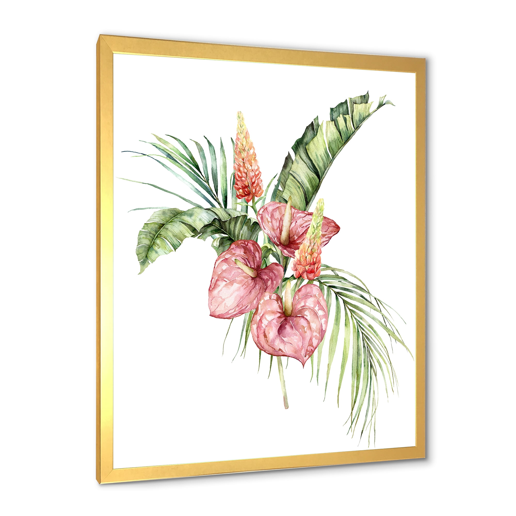 Designart 'Tropical Bouquet With Anthurium Lupine and Leaves On White II' Traditional Framed Art Print