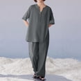 thumbnail image 4 of CIENVNSTG 2 Piece Sets Woman Trendy V-Neck Long Sleeve Linen Shirt Top Drawstring Straight Pants Set Dark Gray S, 4 of 5