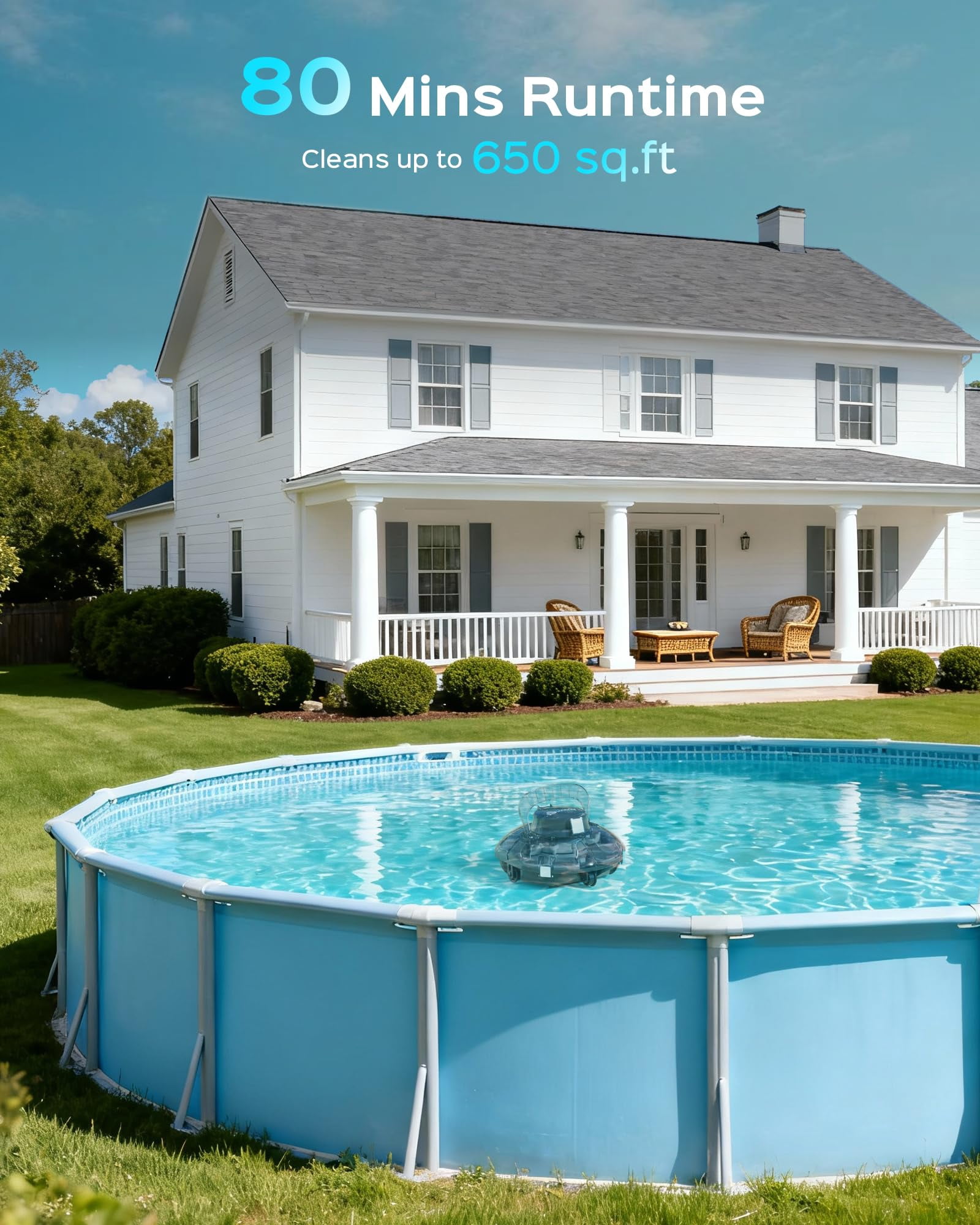 WYBOT Cordless Robotic Pool Cleaner, Lasts 80 Min, Automatic Vacuum for Above-Ground Pools up to 645 Sq.ft,Portable, Self-Parking, Transparent Black
