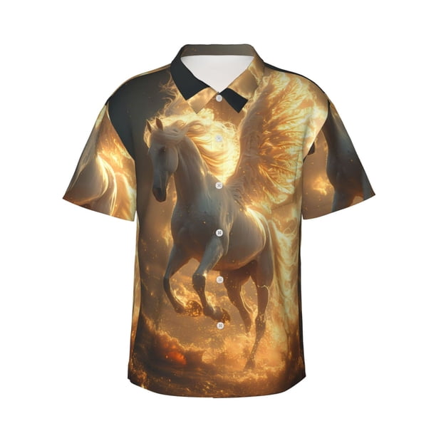 Fotbe Golden Winged White Horse Camisa Hawaiana para Hombre Unisex – Camisa Casual de Verano con Botones de Manga Corta de Algodón y Lino,3X-Large