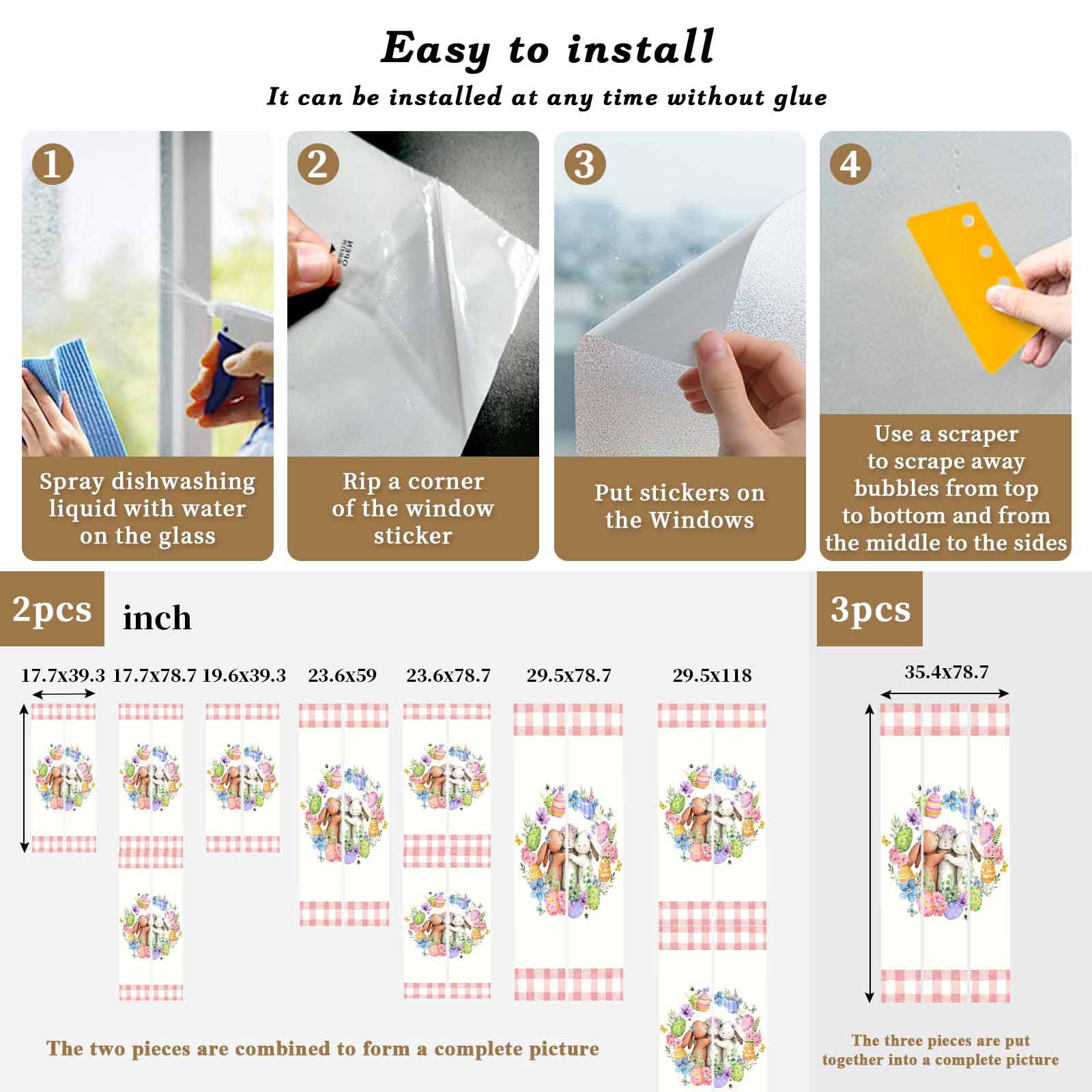 Easter Cute Rabbit Window Privacy Film, Color Eggs Pink Blue Flower Eucalyptus Leaf Pink Plaid Frosted Glass Window Clings Static Cling UV Heat Blocking Reusable Sticker for Bedroom 29.5x118 Inch