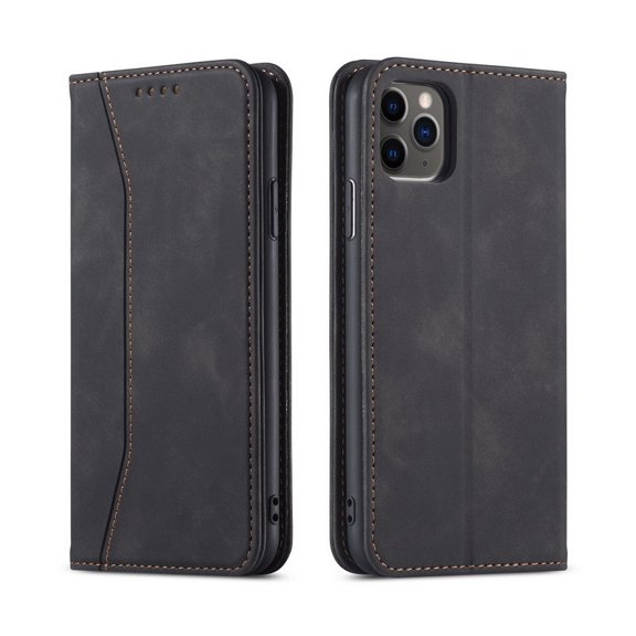Flip Leather Multi Card Holder Phone Case & Stand Compatible With iPhone 15 Plus in Black