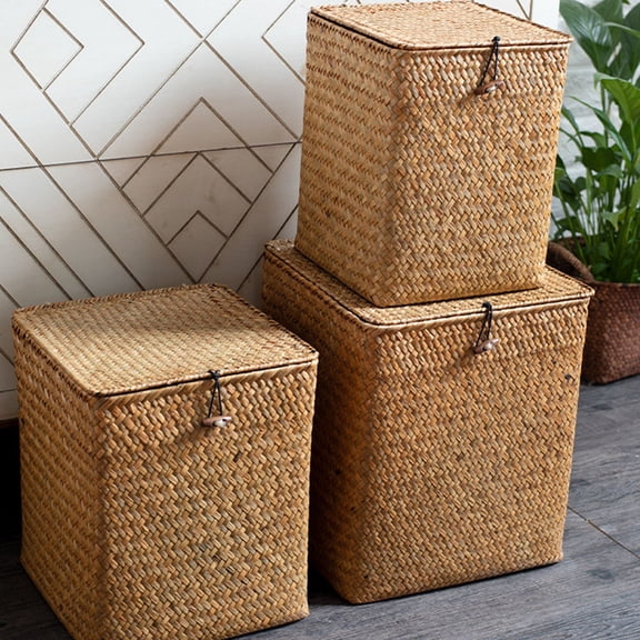 WESIEVYA Light Brown Handwoven Straw Storage Basket with Lid, Multipurpose Woven Box for Home Organization