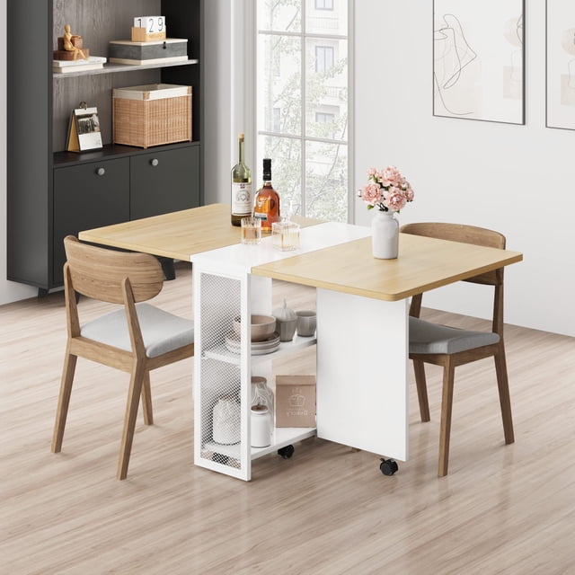 AKDSteel Folding Dining Table, Drop Leaf Dining Table for 4, Foldable Kitchen Table with 2 Storage Shelf, Space Saving Dining Tables for Small Spaces, Movable Kitchen Table with 6 Wheels