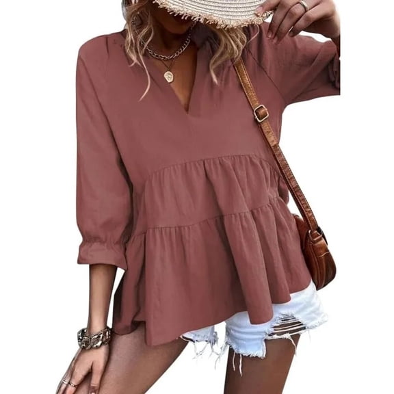 Odsufo Peplum Tops for Women V Neck Babydoll Blouses 3/4 Sleeve Casual Shirts