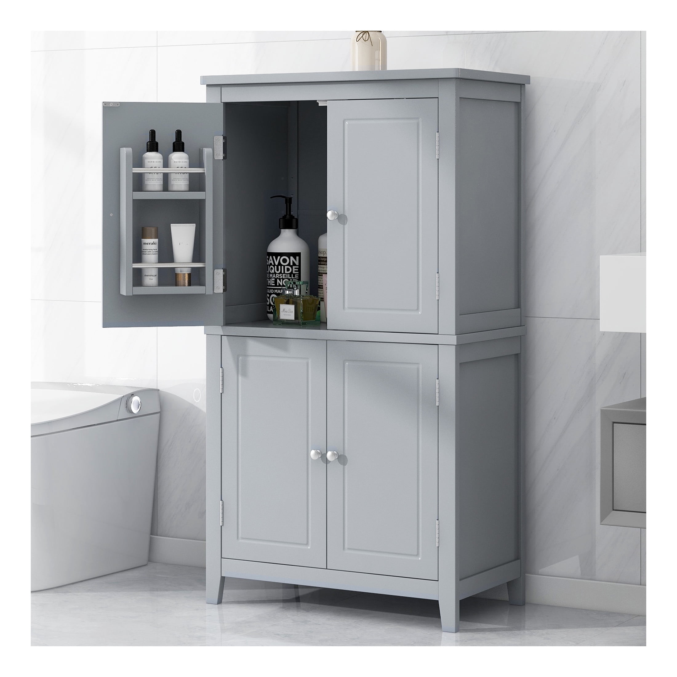 GDF Studio 23.6" Elegant Bathroom Floor Cabinet with 4 Doors, Storage Organizer, Adjustable Shelf, Gray