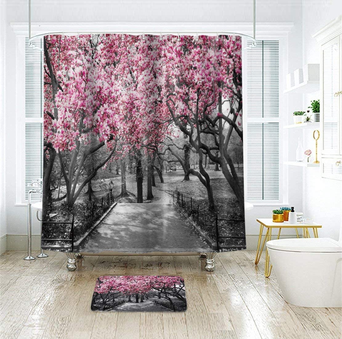 Blooming Pink and Gray Shower Curtain Flowers Cherry Blossoms Park Spring Floral Trees Road Landscape Scenic Fabric Waterproof Bathroom Decor Set 72x72 Inch 12 Shower Plastic Hooks
