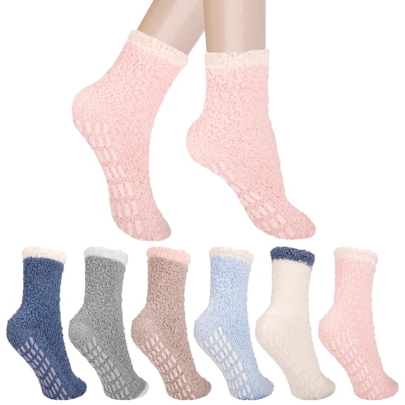 Bocaoying 6 Pairs Fuzzy Non Slip Socks, Fuzzy Socks for Women, Hospital Slipper Socks with Grippers, Winter Fluffy Socks for Women(Grips A)