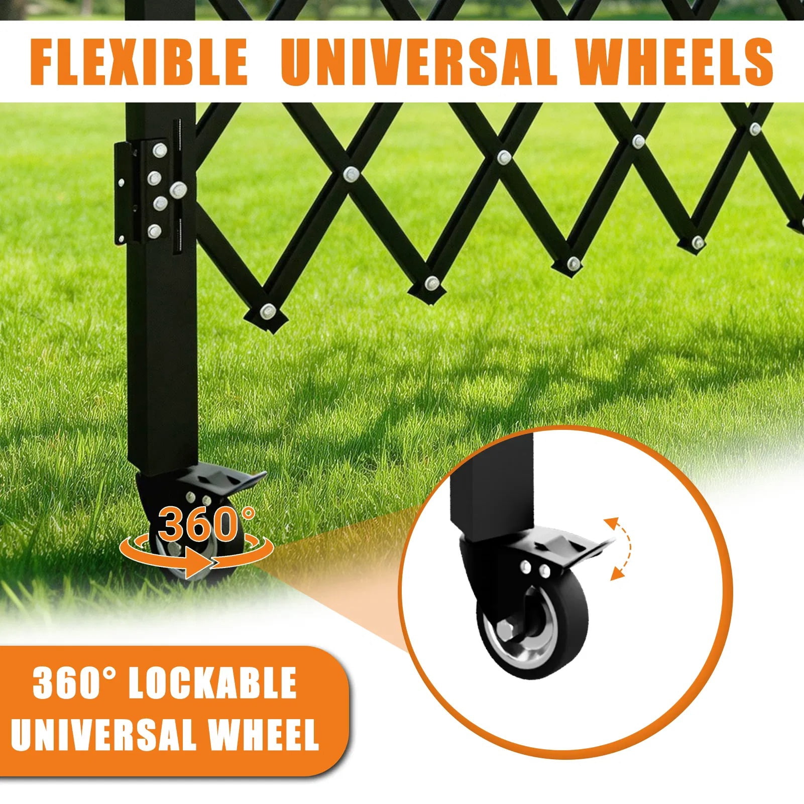 Foldable Expandable Security Gate, Mobile Rolling Safety Barrier with 360° Swivel Lockable Casters, Heavy-Duty Metal Barricade for Garage, Warehouse, Driveway and Pool