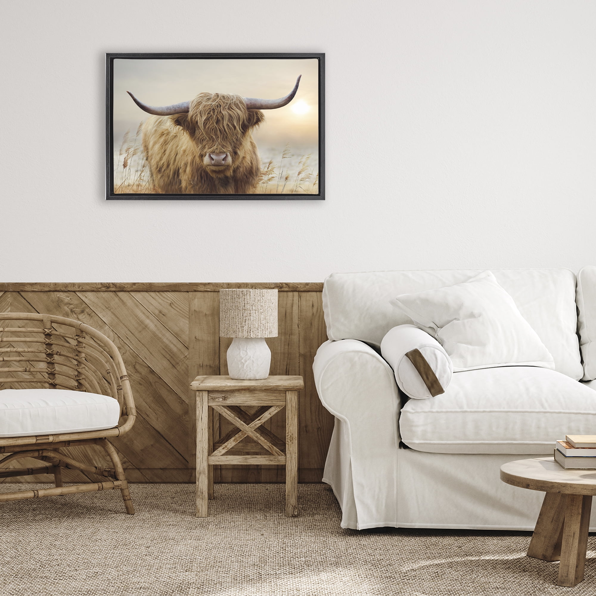 Stupell Industries Highland Cow & Warm Sunset Black Framed Floater Canvas Wall Art, design by CAD Designs