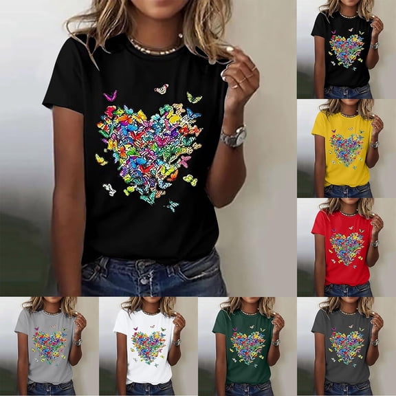 Blouses for Women Short Sleeve Casual Crew Neck Printed Top Summer Tops L