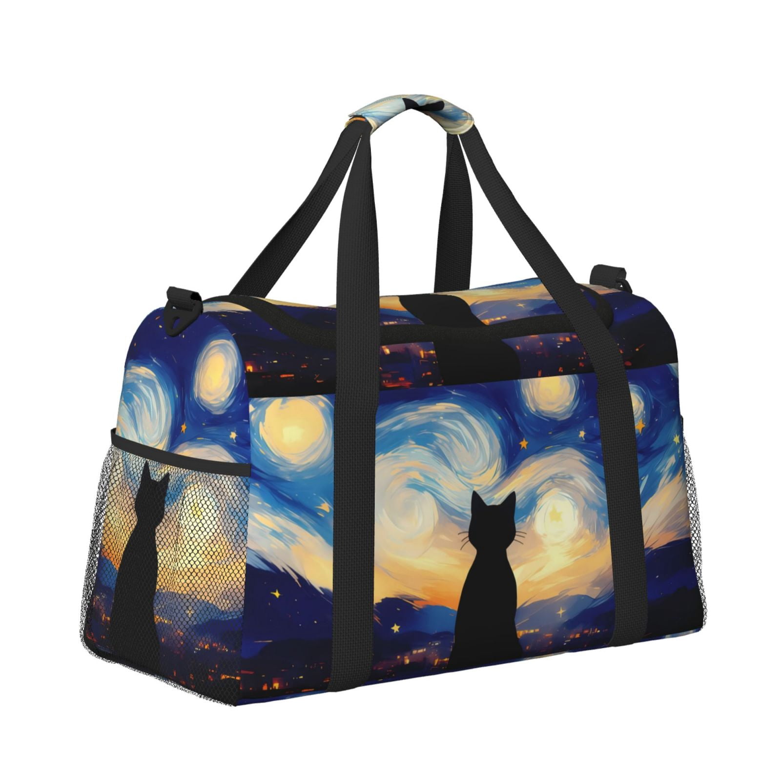 Fuzoiu Cat Under Starry Skies Print Travel Duffle Bag,Carry On Tote Bags,Duffel Bag,Sport Gym Bag, Hospital Bag for Labor and Delivery, Overnight Bag,Luggage Bag