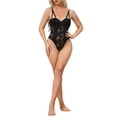 thumbnail image 2 of INSPIRE CHIC Women's Mesh Lace Bodysuit Sheer Underwired Bustier Corset Tops Shapewear with Double Straps High Waisted Thongs Leotard S Black, 2 of 5