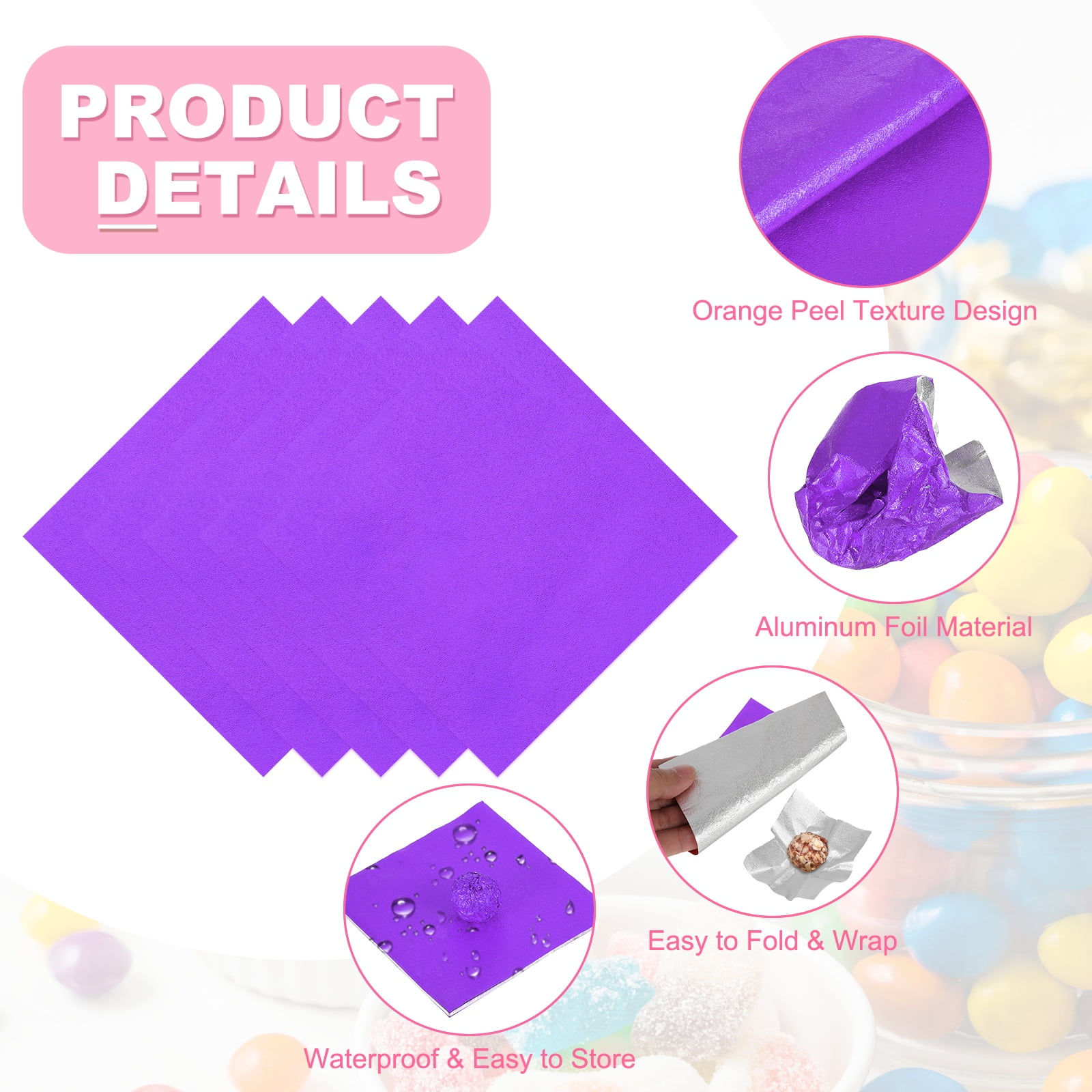 Uxcell 200 Pcs Candy Foil Wrappers, 7.87 x 7.87 Inch Aluminium Foil Chocolate Bar Square Wrappers for Tea Brownies DIY Packaging Wedding Party Decoration, Purple (Orange Peel)