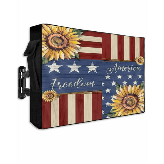 4th of July Outdoor TV Cover 52 to 55 Inch Weatherproof, Independence Day Sunflower Blue Red 600D Oxford TV Covers with Waterproof Zipper, Outside Flat TV Screen Protector Size 52"W x 19"H x 4.5"D