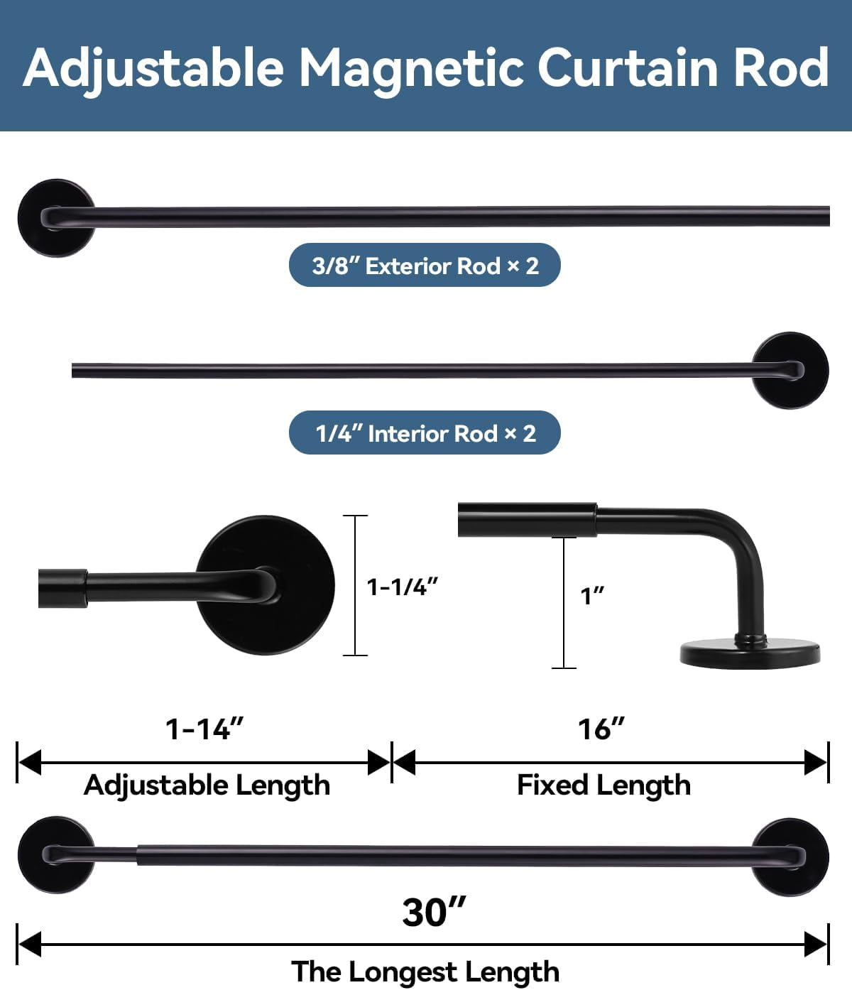WarmHaven 2 Pack Magnetic Curtain Rod for Metal Doors, French Door Curtain Rods Adjustable from 17 to 30 Inch, 3/8 Inch Diameter, Magnetic Cafe Curtains Rod, No Tool and Easy Installation, Black