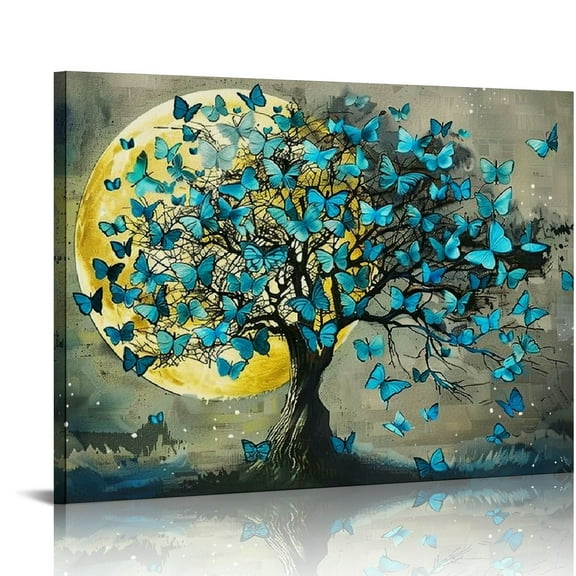 ONETECH Vintage Wall Art Canvas Teal and Yellow Butterfly on Full Moon Landscape Background Tree of Life Paintings Art Prints Creative Framed Artwork for Home Bedroom Dining Room Ready to Hang