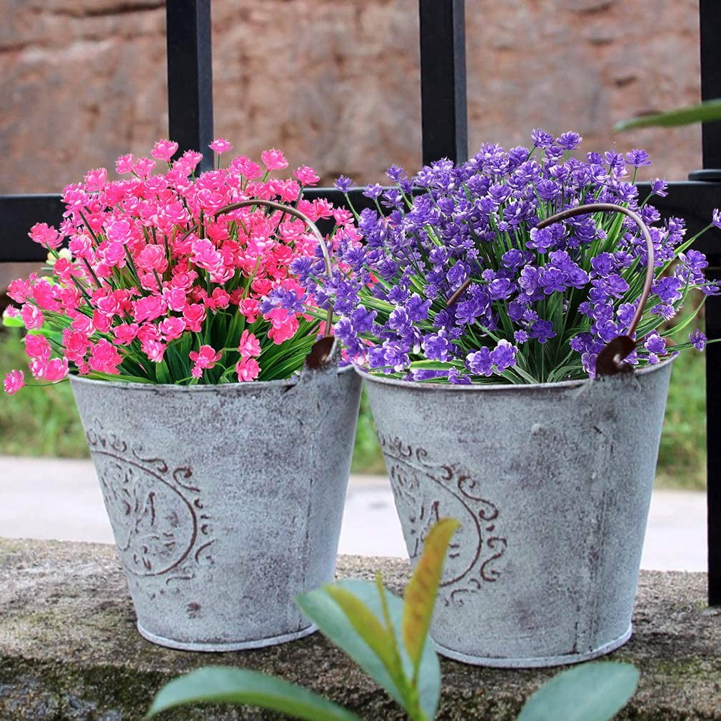 8 Bundles Outdoor Artificial Fake Flowers UV Resistant Shrubs Plants, Faux Plastic Greenery for Indoor Outside Hanging Plants Garden Porch Window Box Home Wedding Farmhouse Decor (Orange Red)