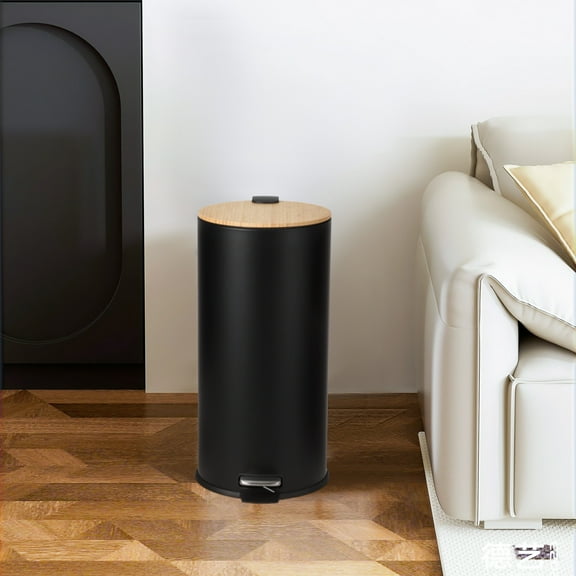 8 Gallon Stainless Steel Step Trash Can with Soft-Close Bamboo Lid, Removable Inner Bucket, 30L Round Garbage Bin for Living Room, Kitchen