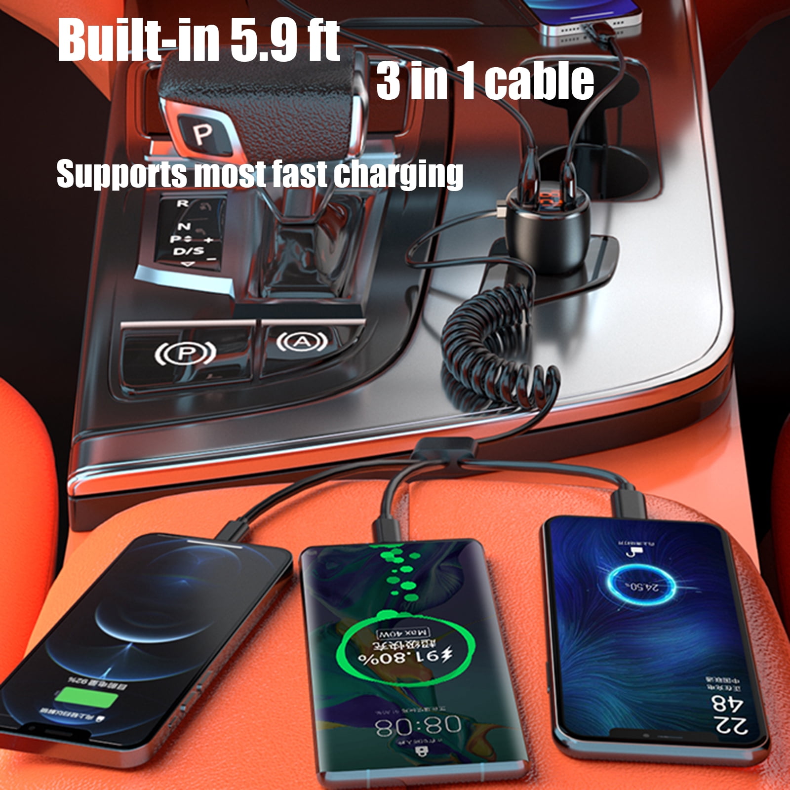 Phmnkl Super Fast Car Charger Type C, 66W+65W+20W QC3.0&PD3.0 5 Port Built-in 4FT Cable USB C Car Charger Fast Charging for iPhone 14/13/12/Google/Pixel/Motorola/LG Android Phones