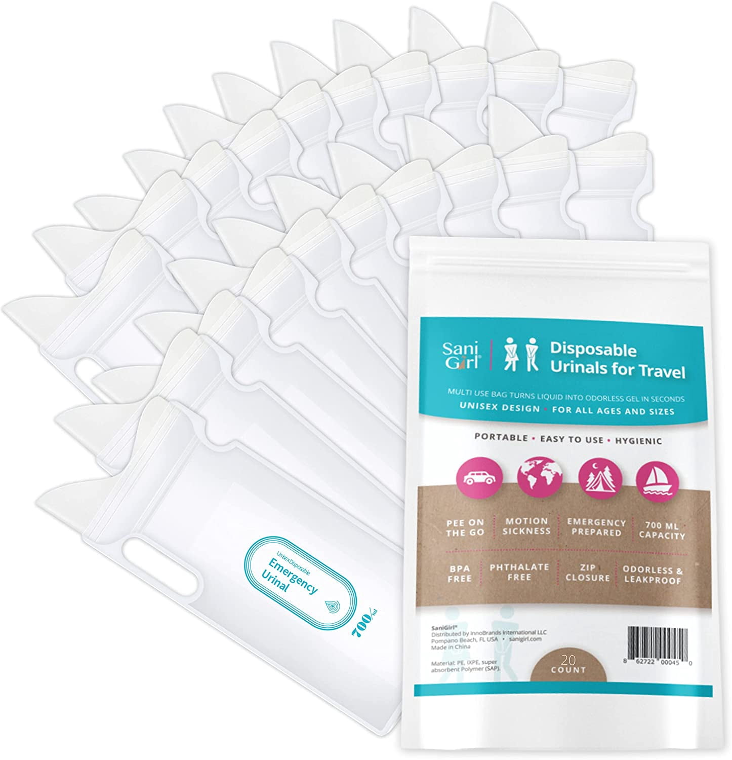SaniGirl Disposable Urinals for Travel for Women Men Kids | Leakproof Pee Bags | Portable Urinals Camping | Road Trips Boating (Pack of 20)