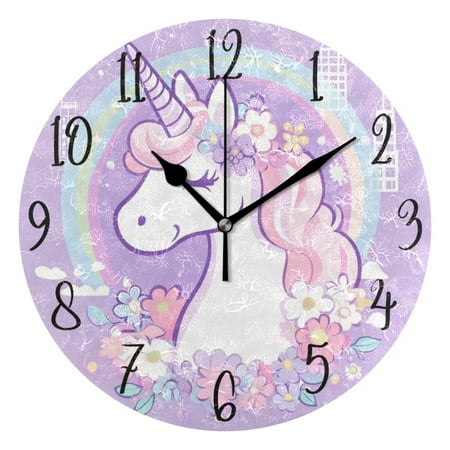 WOBOGO Cute Unicorn Purple Pattern Wall Clock 10in Silent Mechanism Battery Operated Retro Style for Living Room Bedroom and Kitchen Black Pointer