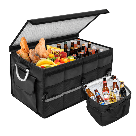 Canvcle Car Trunk Organizer with Cooler, Collapsible Multi Compartment, 1680D Oxford Collapsible SUV Trunk Organizer with Leakproof Insulated Bag, Non Slip Bottom, Securing Straps, Soft Cover