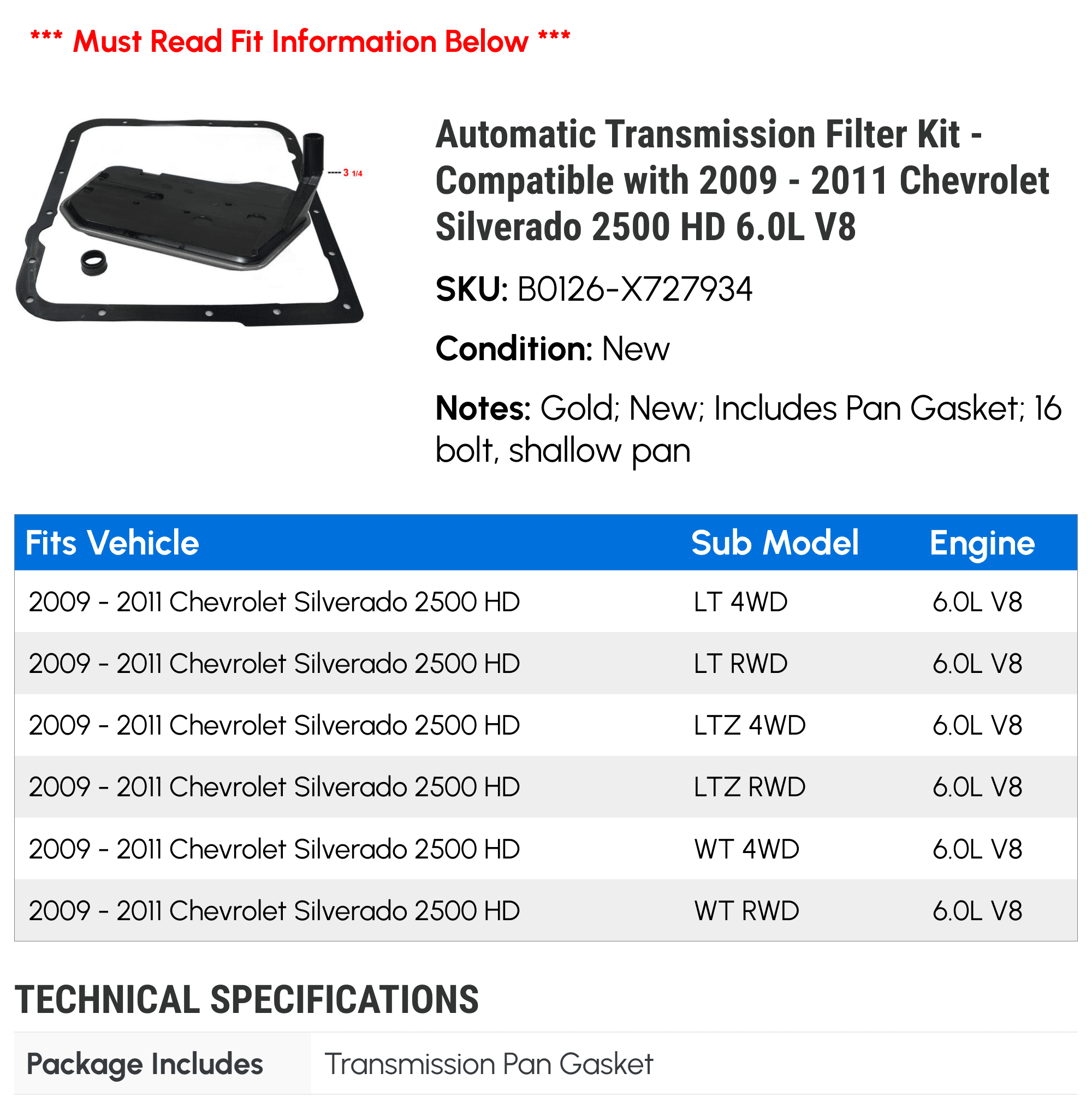 Automatic Transmission Filter Kit - Compatible with 2009 - 2011 Chevy Silverado 2500 HD 6.0L V8 2010