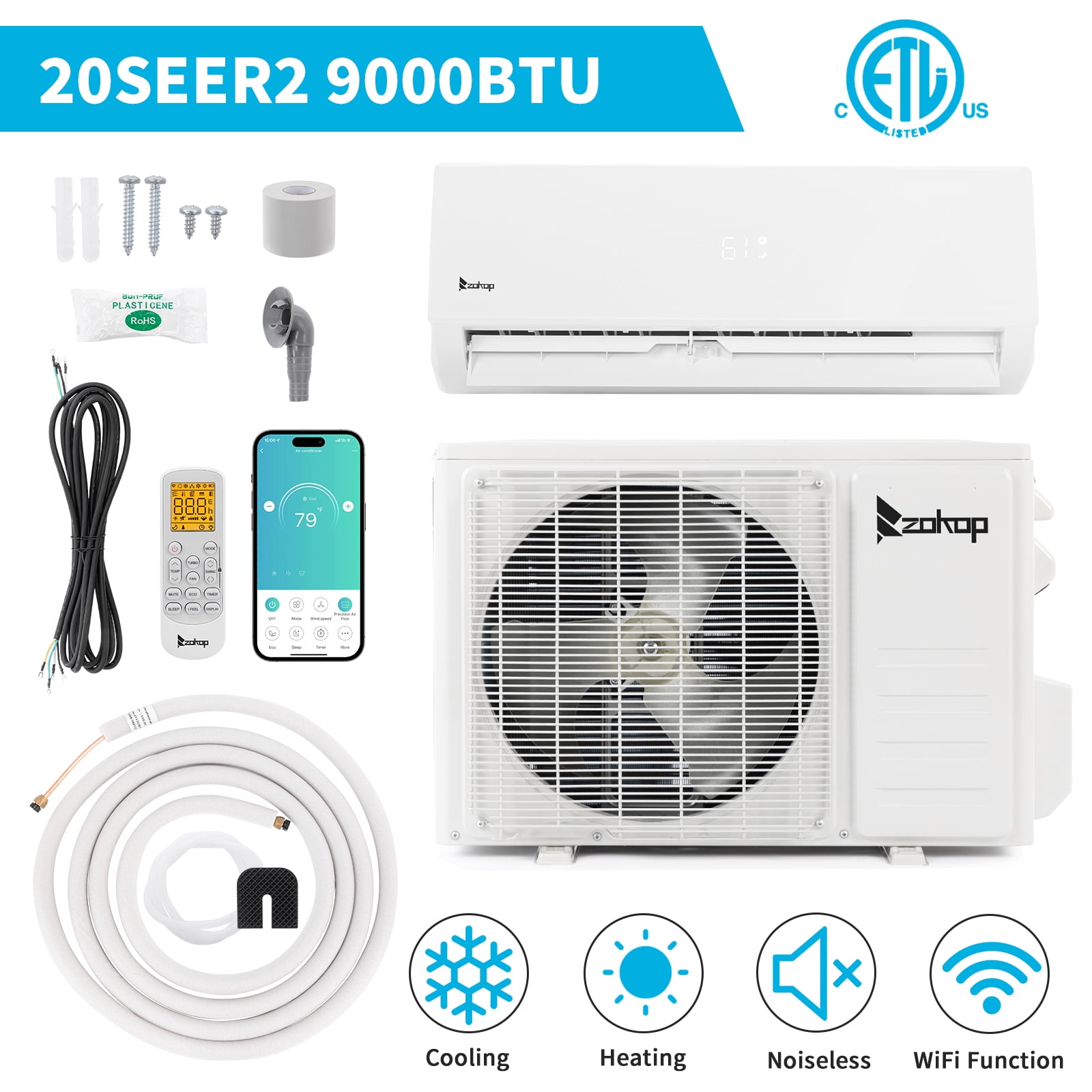 Ktaxon 9000 BTU Wifi Enabled Mini Split Air Conditioner & Heater with Inverter, 20 SEER2 Energy Saving 115V Ductless Split AC Unit with Pre-Charged Condenser, Heat Pump & Installation Kit