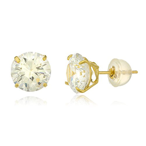 10k Yellow Gold 4mm Round Basket Setting CZ Stud Earrings with Silicone Back GO-437 