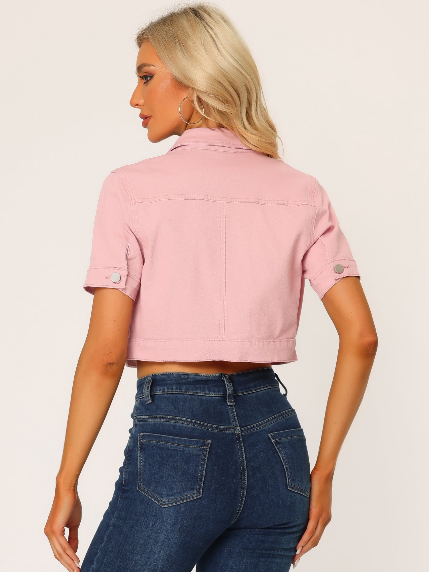DARING DIVA Women's Short Sleeves Crop Button Down Denim Jacket L Pink