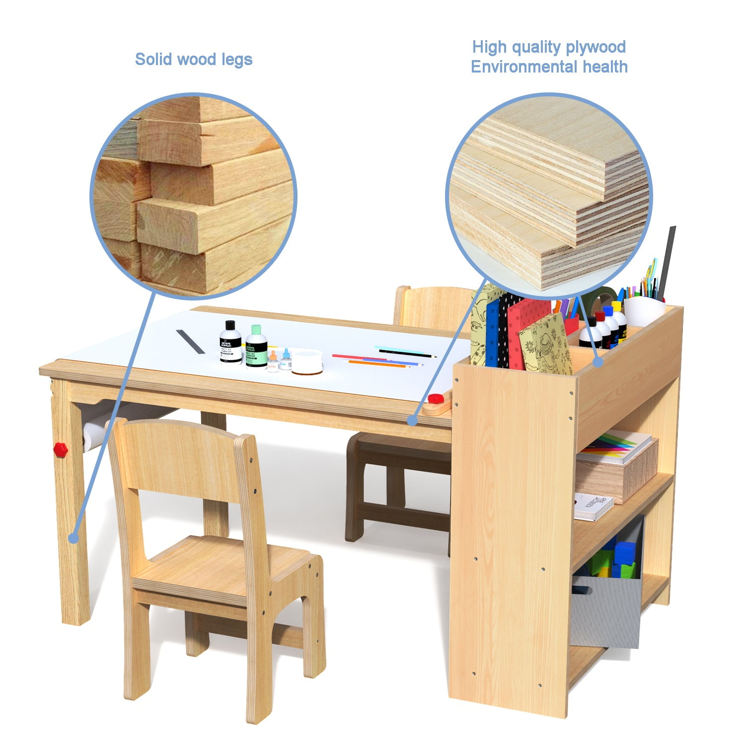 GDLF Kids Art Table and 2 Chairs, Wooden Drawing Desk, Activity & Crafts,  Children's Furniture, 42x23 