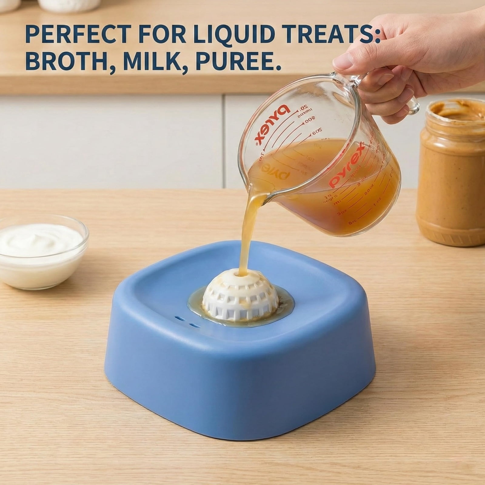 Slow Feed Liquid Dog Bowl with Roller Ball, Anti-Slip Interactive Lick Bowl for Dogs and Cats, Bone Broth Treat Feeder