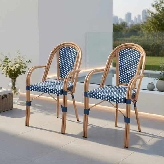2-Pack Hand-Woven PE Rattan Outdoor Bistro Chairs – Blue & White French-Style Patio Chairs with Galvanized Steel Frame, 400 lb Capacity, Easy Assembly