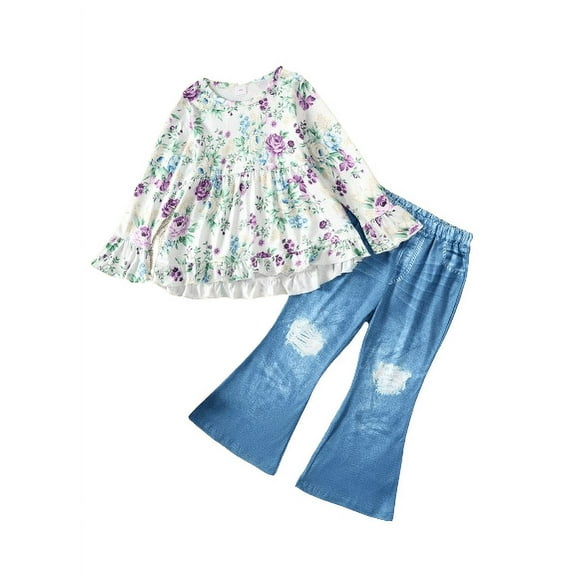 Mikrdoo Kid Girls Pants Sets 4Y,5Y,6Y,7Y,8Y Girl Floral Print Flare Sleeve Dress Tops Ripped Jeans Demin Trousers 2Pcs Fall Winter Clothing 5 Years Purple