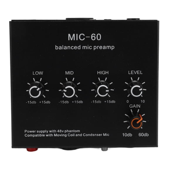 Microphone Preamp, Portable 60db High Gain Mic Gain Booster  for Dynamic Condenser Mic EU Plug,US Plug